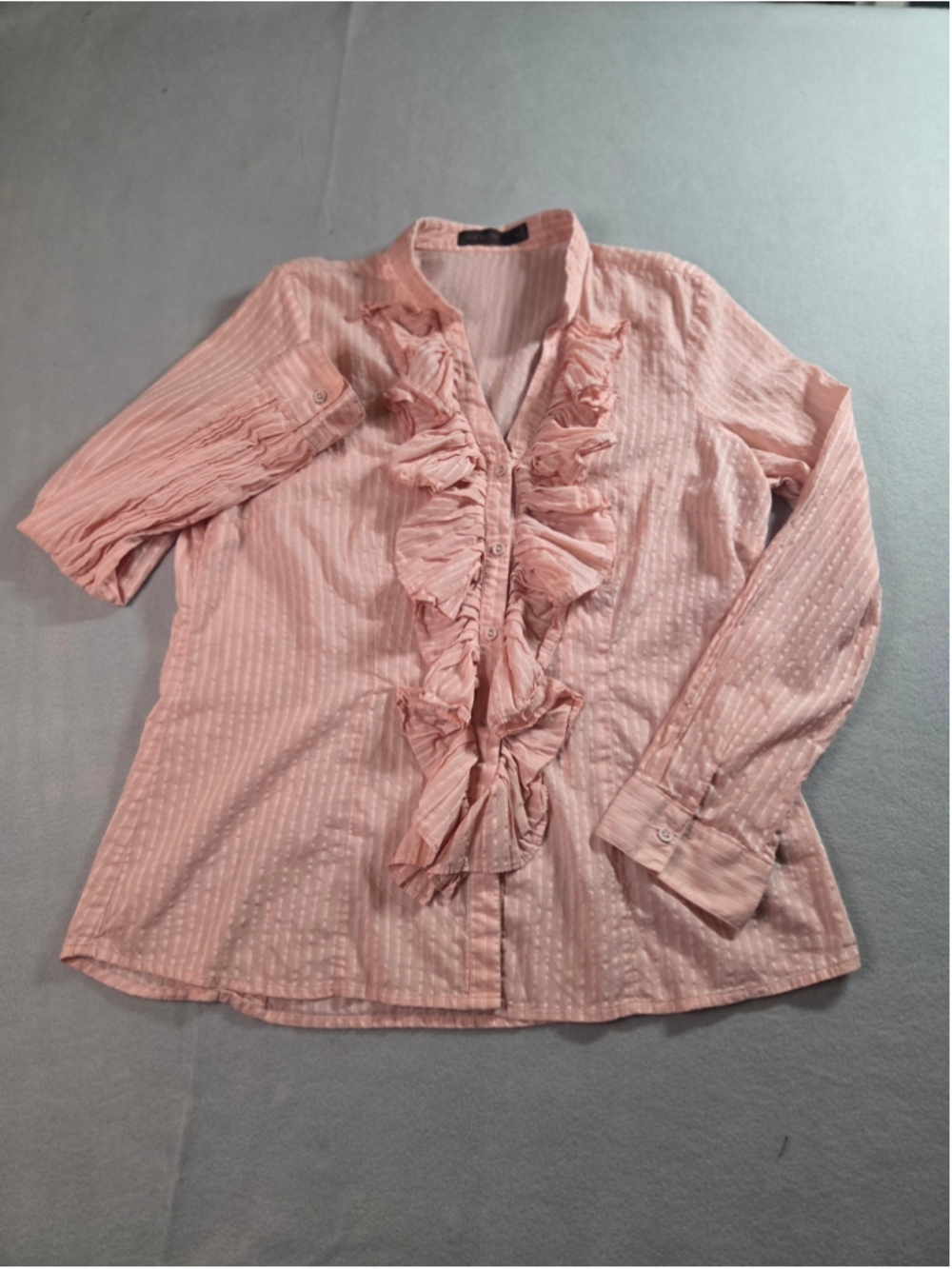 Women's The Limited Ruffled Blouse Size M Pink White Striped Button Down